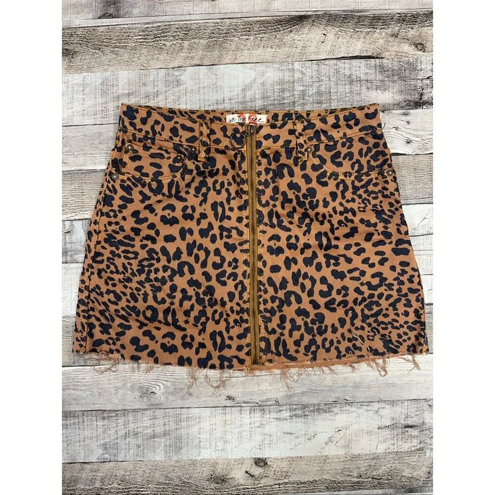 Free People Zip It Up Leopard Print Raw Hem Cotton Denim Mini Skirt Size 28